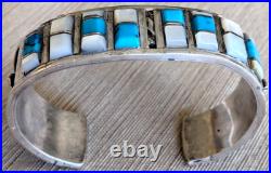Vintage Native American Indian Turquoise + MOP Silver Cuff Bracelet 49 gm 6-3/4