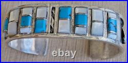 Vintage Native American Indian Turquoise + MOP Silver Cuff Bracelet 49 gm 6-3/4