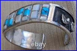 Vintage Native American Indian Turquoise + MOP Silver Cuff Bracelet 49 gm 6-3/4