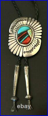 Vintage Native American Inlaid Turquoise Coral MOP Silver Bolo Tie