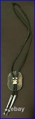 Vintage Native American Inlaid Turquoise Coral MOP Silver Bolo Tie
