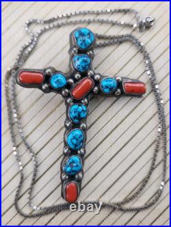 Vintage Native American Jewelry Navajo Turquoise & Coral Cross Sterling Silver