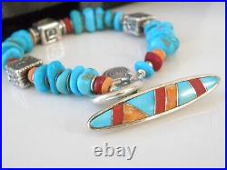 Vintage Native American KC Sterling Silver Turquoise Nugget Station Bracelet