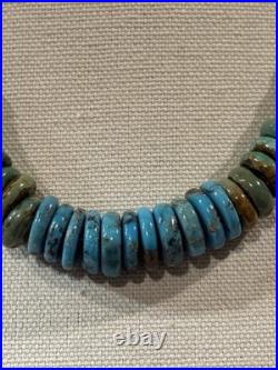 Vintage Native American Kingman Turquoise Disc Beads Brass Tone Necklace 18