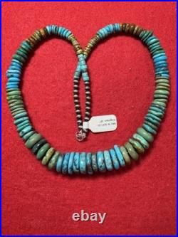 Vintage Native American Kingman Turquoise Disc Beads Brass Tone Necklace 18