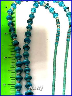 Vintage Native American LONG 38 925 Turquoise Bead & Heishi Bead Necklace A-6