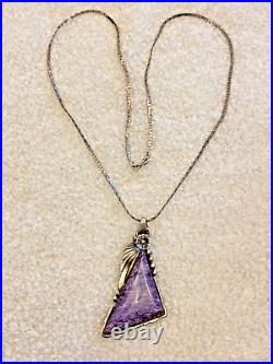 Vintage Native American Large Purple Charoite Sterling Silver Pendant Necklace