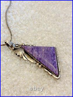 Vintage Native American Large Purple Charoite Sterling Silver Pendant Necklace