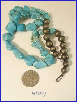 Vintage Native American Large Turquoise Nugget Silver Beaded Necklace