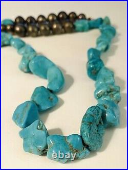 Vintage Native American Large Turquoise Nugget Silver Beaded Necklace