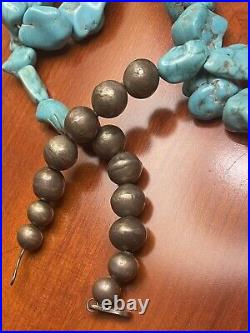 Vintage Native American Large Turquoise Nugget Silver Beaded Necklace