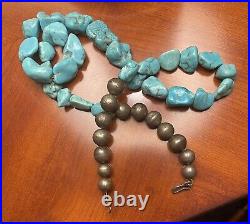 Vintage Native American Large Turquoise Nugget Silver Beaded Necklace