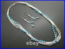 Vintage Native American Liquid Sterling Turquoise 10 Strand Necklace & Earrings