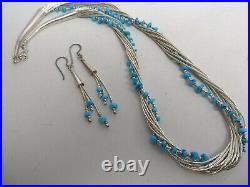 Vintage Native American Liquid Sterling Turquoise 10 Strand Necklace & Earrings