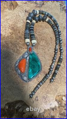 Vintage Native American Made Necklace Sterling Coral Malachite And Heishi Signed