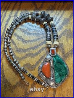 Vintage Native American Made Necklace Sterling Coral Malachite And Heishi Signed