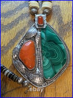 Vintage Native American Made Necklace Sterling Coral Malachite And Heishi Signed