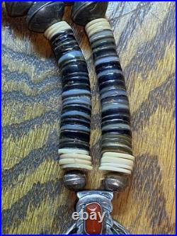 Vintage Native American Made Necklace Sterling Coral Malachite And Heishi Signed