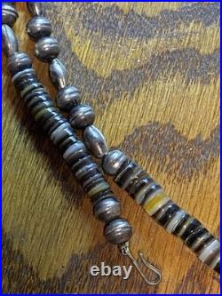 Vintage Native American Made Necklace Sterling Coral Malachite And Heishi Signed Vintage Native American Made Necklace Sterling Coral Malachite And Heishi Signed