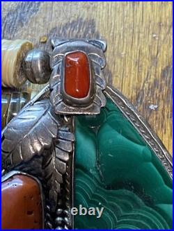 Vintage Native American Made Necklace Sterling Coral Malachite And Heishi Signed