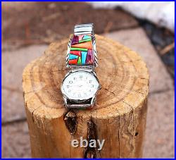 Vintage Native American Multi-Stone Turquoise & Spiny Oyster Inlay Watch Sz 7.5