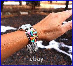 Vintage Native American Multi-Stone Turquoise & Spiny Oyster Inlay Watch Sz 7.5