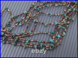 Vintage Native American Multi Strand Sterling Turquoise Horn Beaded Necklace 27