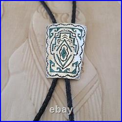 Vintage Native American Nakai Signed Sterling Silver & Turquoise Bolo Tie 2.25