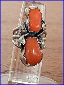 Vintage Native American Natural Salmon Coral Ring Women's 7.5 Sterling Silver