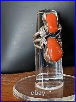 Vintage Native American Natural Salmon Coral Ring Women's 7.5 Sterling Silver