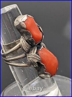 Vintage Native American Natural Salmon Coral Ring Women's 7.5 Sterling Silver