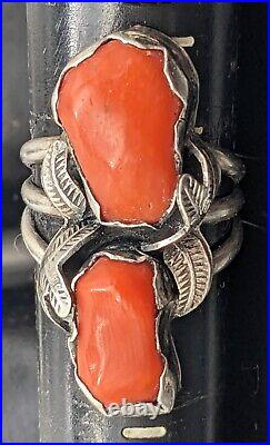 Vintage Native American Natural Salmon Coral Ring Women's 7.5 Sterling Silver