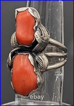 Vintage Native American Natural Salmon Coral Ring Women's 7.5 Sterling Silver