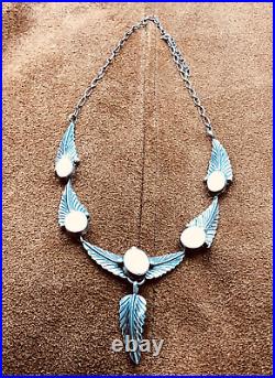 Vintage Native American Navajo 5 Panel Sterling Mop Feather Necklace Pendant 19