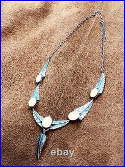 Vintage Native American Navajo 5 Panel Sterling Mop Feather Necklace Pendant 19