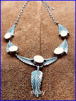 Vintage Native American Navajo 5 Panel Sterling Mop Feather Necklace Pendant 19