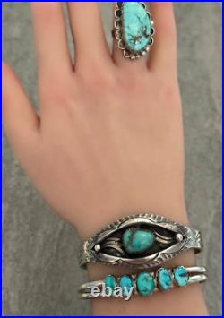 Vintage Native American Navajo AHASTEEN Turquoise & Inlaid Sterling Bracelet