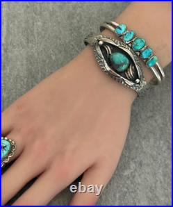 Vintage Native American Navajo AHASTEEN Turquoise & Inlaid Sterling Bracelet