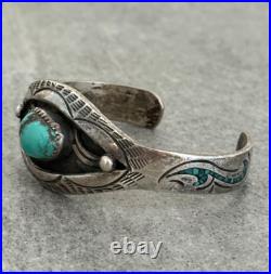 Vintage Native American Navajo AHASTEEN Turquoise & Inlaid Sterling Bracelet
