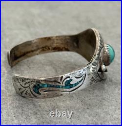 Vintage Native American Navajo AHASTEEN Turquoise & Inlaid Sterling Bracelet