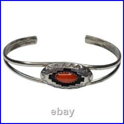 Vintage Native American Navajo Coral Shadowbox Cuff Bracelet Signed