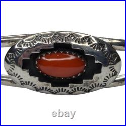 Vintage Native American Navajo Coral Shadowbox Cuff Bracelet Signed