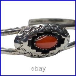 Vintage Native American Navajo Coral Shadowbox Cuff Bracelet Signed