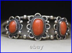 Vintage Native American Navajo Coral Sterling Silver Cuff Bracelet