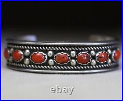 Vintage Native American Navajo Coral Sterling Silver Cuff Bracelet