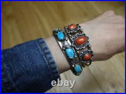 Vintage Native American Navajo Coral Sterling Silver Cuff Bracelet