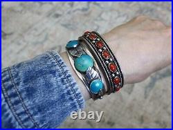 Vintage Native American Navajo Coral Sterling Silver Cuff Bracelet