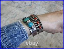 Vintage Native American Navajo Coral Sterling Silver Cuff Bracelet
