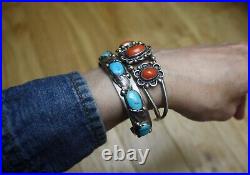 Vintage Native American Navajo Coral Sterling Silver Cuff Bracelet