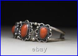 Vintage Native American Navajo Coral Sterling Silver Cuff Bracelet